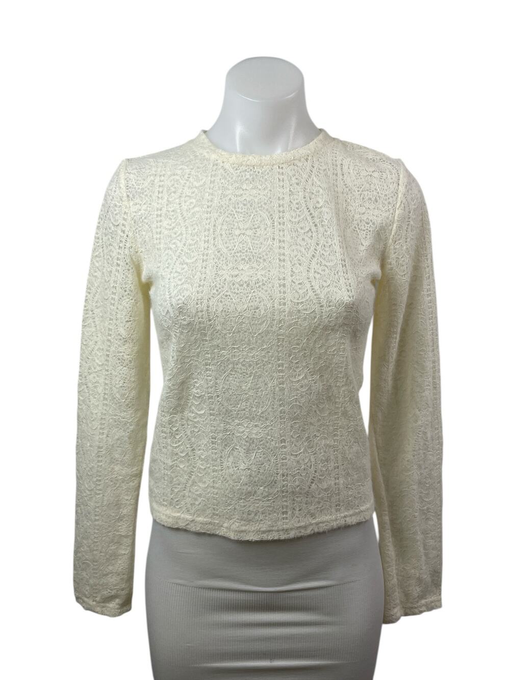 Commense Women's Cream Floral Lace Long Sleeve Crew Neck Blouse Top Size S